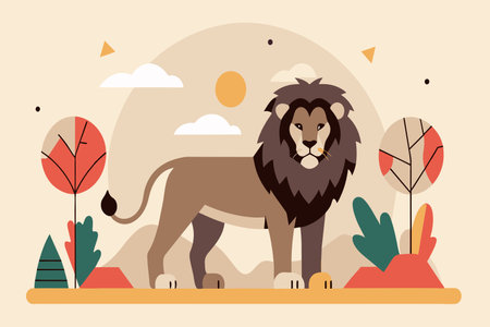Stylized lion in the savannah with a warm sunset backdrop.のイラスト素材