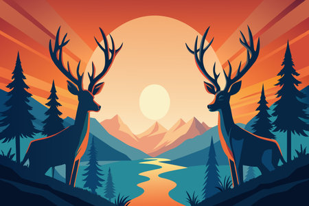 Two deer stand by a lake with the sun setting behind mountains.のイラスト素材