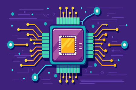 A stylized CPU chip interconnected with electronic circuits.のイラスト素材
