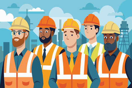 A team of constructors in hard hats against a city backdrop.