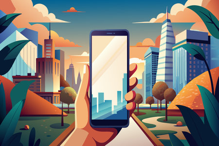 A person hand with a phone showing city view at dusk.のイラスト素材