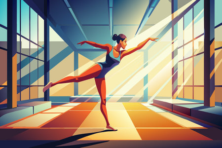 Ballerina performs an elegant pose in a brightly lit dance studio.のイラスト素材