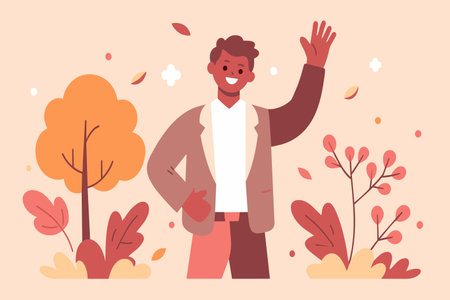A cheerful man greeting with a wave in a fall scene.のイラスト素材