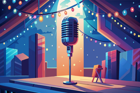 Vintage mic awaits a performer at an outdoor evening venue.のイラスト素材
