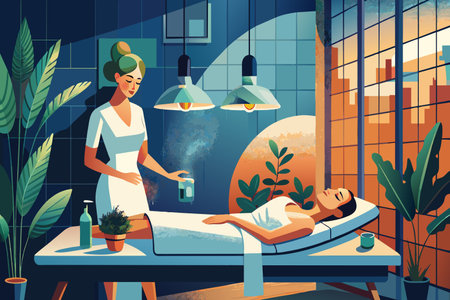 A serene spa setting with a woman receiving a pampering treatment.のイラスト素材