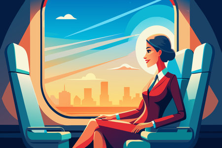 Serene travel scene, woman relaxes on a train with a city skyline in the backdrop.のイラスト素材