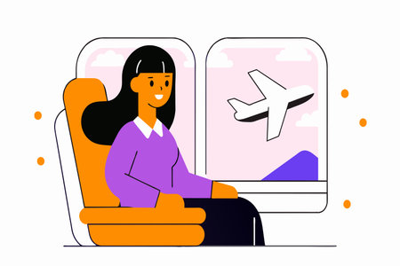 A woman sits contently in an airplane seat, gazing out at the flying aircraft.のイラスト素材