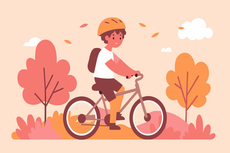 Boy with helmet cycles amidst fall foliage.のイラスト素材