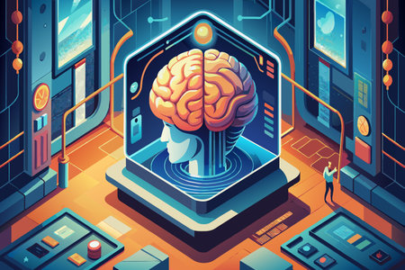 A person observes a giant brain display inside a futuristic laboratory.のイラスト素材