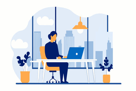 A person is seated at a desk, working on a laptop computer.のイラスト素材