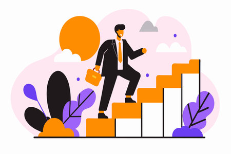 A stylized businessman ascending steps with a briefcase at dusk.のイラスト素材