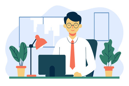 A cheerful businessman at work in a sunny office setting.のイラスト素材