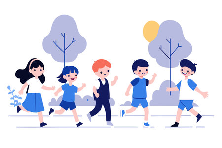Happy kids running together outdoors under the sun with trees.のイラスト素材
