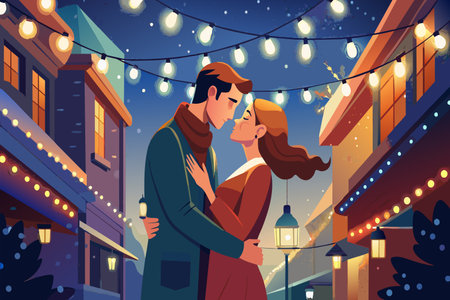 A couple shares a tender embrace on a lit winter street.のイラスト素材