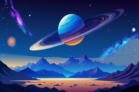 A massive ringed planet rising over an alien mountainous horizon.のイラスト素材