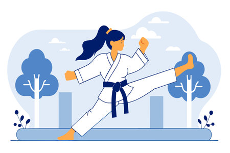 A woman in a karate uniform executes a high kick.のイラスト素材