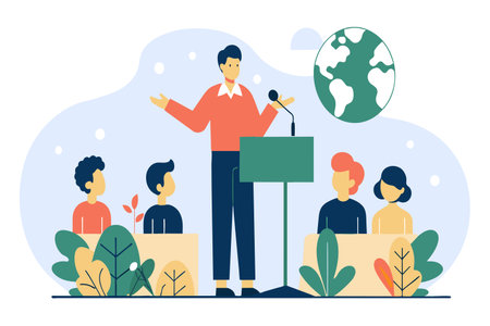 A speaker addresses a group about Earth conservation indoors.のイラスト素材