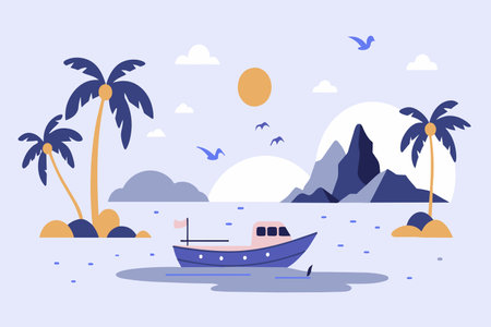Calm sea with a boat and palm trees against a sunset backdrop.のイラスト素材