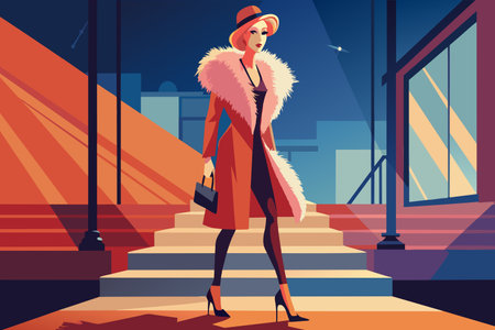 Stylish lady in retro fashion walking down city stairs at sunset.のイラスト素材