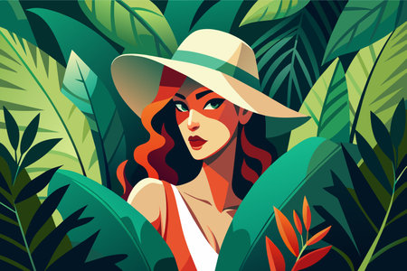 A stylish woman with a hat peers through vibrant green leaves.のイラスト素材