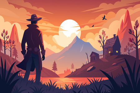A cowboy stands against a vivid sunset with mountains and a cabin.のイラスト素材