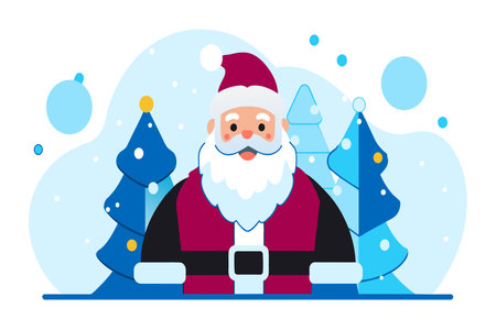 A cheerful cartoon Santa against a backdrop of blue Christmas trees.のイラスト素材