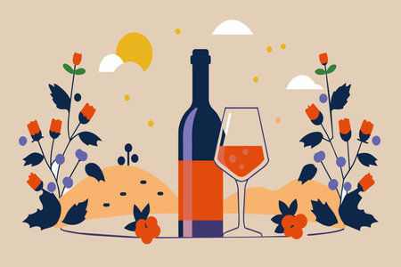 A wine bottle and glass surrounded by flowers at sunset.のイラスト素材