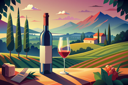 Wine glass and bottle on a table overlooking a Tuscan landscape at dusk.のイラスト素材