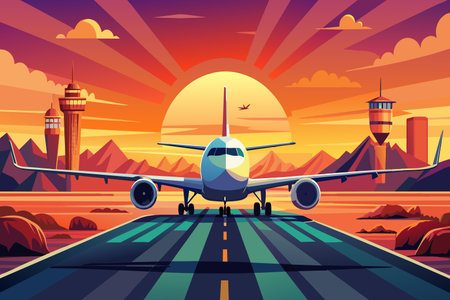 A commercial jetliner sits on top of a concrete runway at an airport, preparing for departure or arrival.のイラスト素材