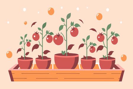 Tomato plants with ripe fruits in pots on a tray.のイラスト素材