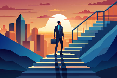 A man in a suit climbs stairs against a city skyline at sunset.のイラスト素材