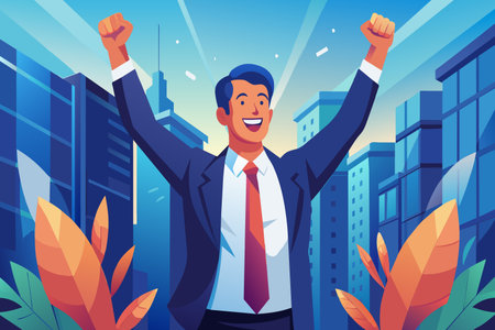 Cheerful man in suit raises arms in victory amidst city backdrop.のイラスト素材