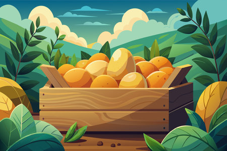 Wooden crate of oranges in a vibrant citrus grove at dusk.のイラスト素材