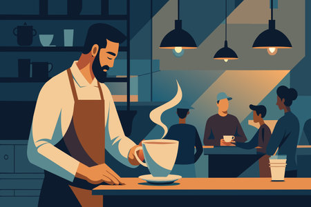 Barista serves a hot drink in a bustling evening cafe.のイラスト素材