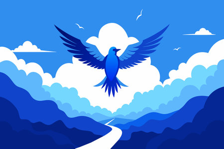 A stylized blue bird flies over scenic mountain ranges.のイラスト素材