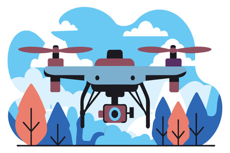 A drone with a camera flies above colorful trees against a dusk sky.のイラスト素材