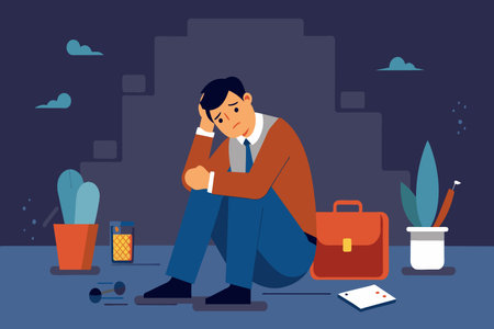 A dejected man sits on the curb with his possessions around him.のイラスト素材