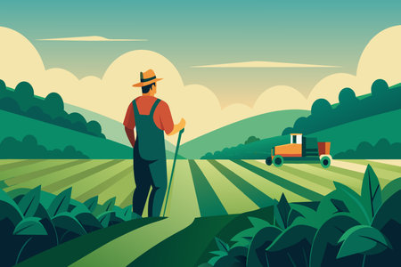A farmer with a walking stick overlooks the sunrise over lush fields.のイラスト素材