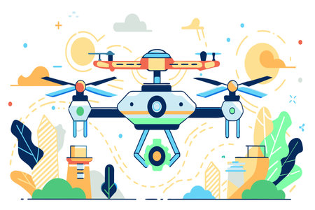 Vibrant cartoon of a drone flying under a sunny sky.のイラスト素材