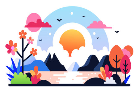 A serene sunrise above mountains with vibrant flowers and birds.のイラスト素材