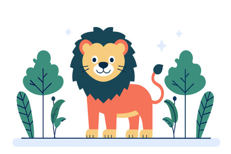 Cartoon lion with a happy expression amidst whimsical trees.