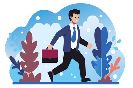 Cheerful animated man strides with purpose amidst stylized foliage.のイラスト素材