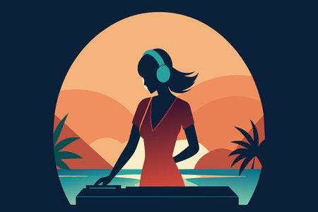 DJ mixing music on a beach as the sun sets behind her.のイラスト素材