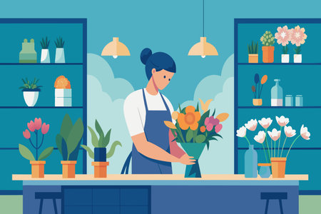 A florist carefully selects and arranges blooms in a vase.のイラスト素材