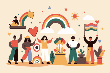 A vibrant, diverse group of figures championing inclusivity and unity.のイラスト素材