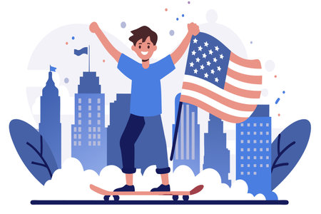 A skateboarder triumphantly holds the US flag with a city skyline backdrop.のイラスト素材