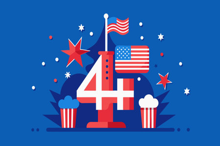 Patriotic 4th of July theme with flags, fireworks, and decorations.のイラスト素材