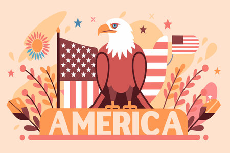 Bald eagle with US flag and celebratory backdrop.のイラスト素材