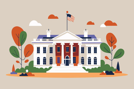 Stylized White House illustration with flag and autumn foliage.のイラスト素材