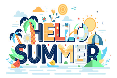 Colorful summer greeting, adorned with beach symbols and cheerful designs.のイラスト素材